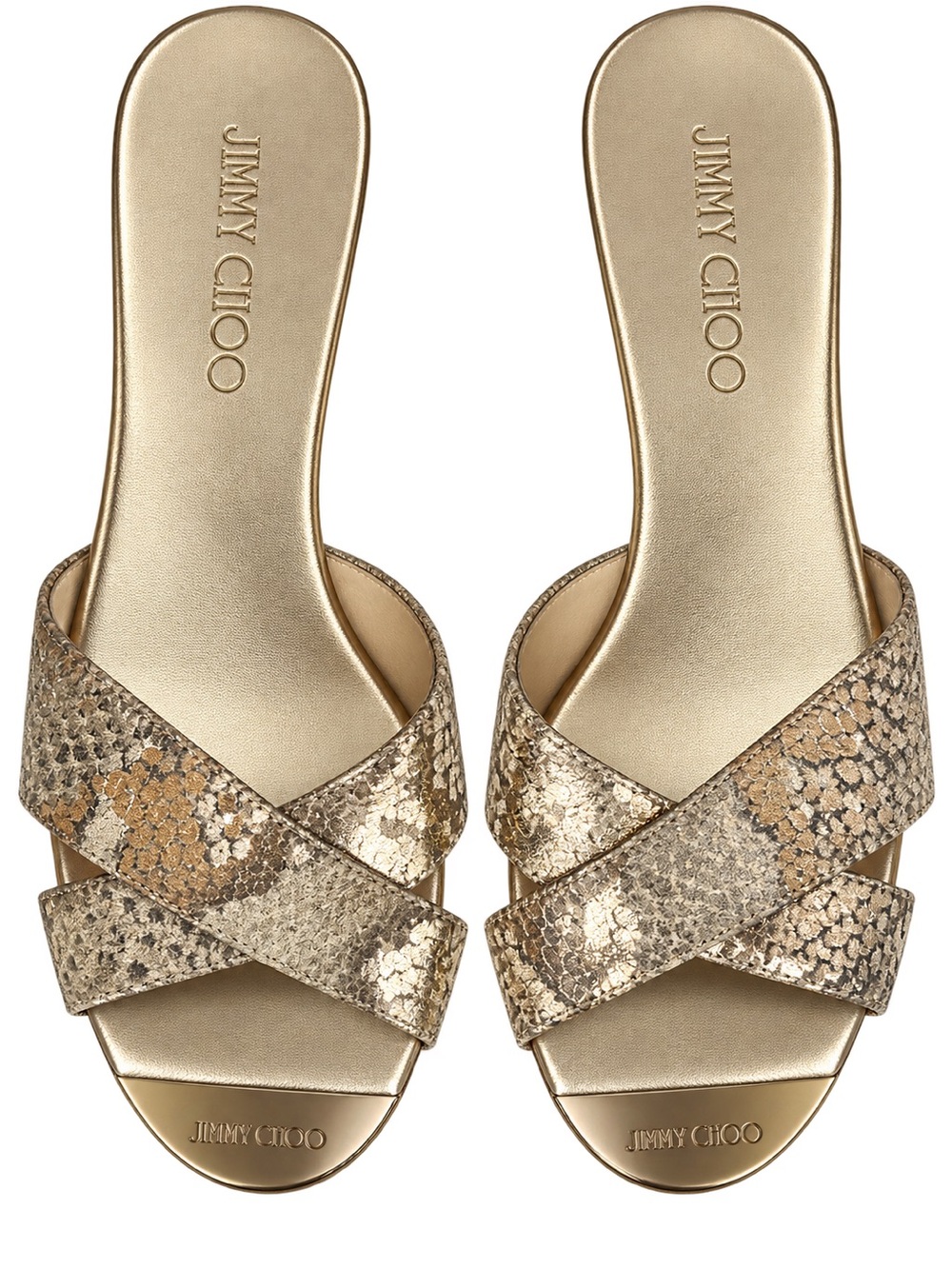 Jimmy Choo Metallic Gold Snakeskin Crisscross Slide Mules